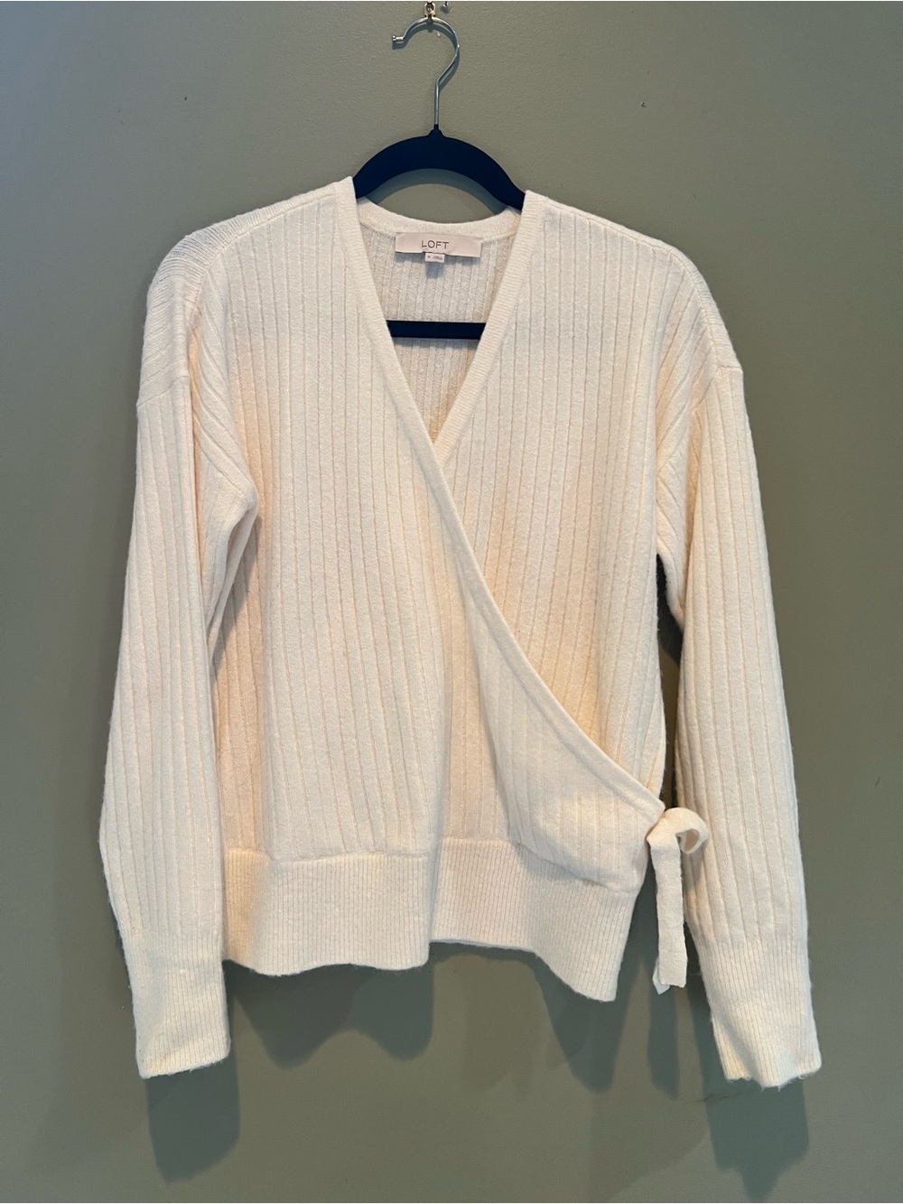 LOFT Off-White Ribbed Wrap V-Neck Sweater